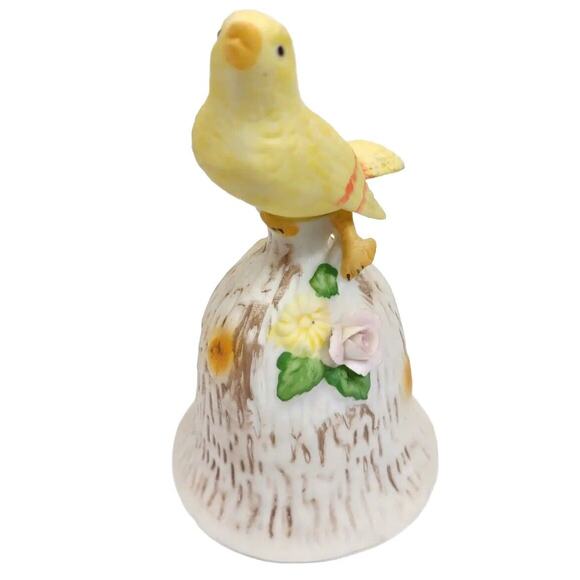 Vintage Ceramic Bell Yellow Bird with Raised Flowers by Price Products 5” Tall - Picture 3 of 7
